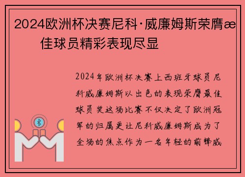 2024欧洲杯决赛尼科·威廉姆斯荣膺最佳球员精彩表现尽显