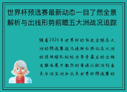世界杯预选赛最新动态一目了然全景解析与出线形势前瞻五大洲战况追踪