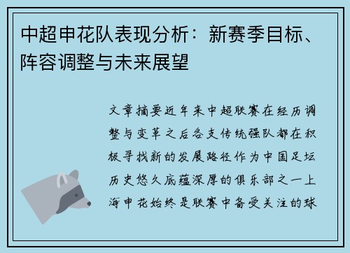 中超申花队表现分析：新赛季目标、阵容调整与未来展望